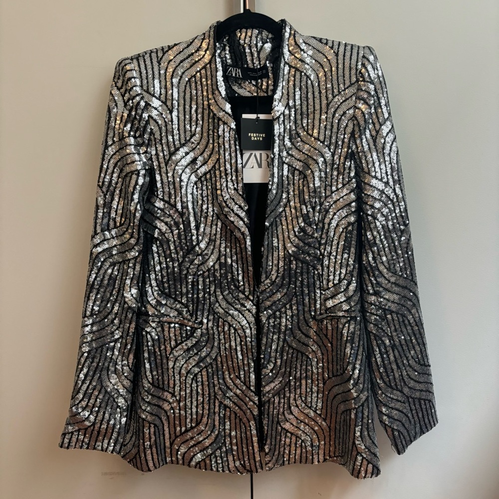 Zara Shimmering Silver Sequin Blazer
